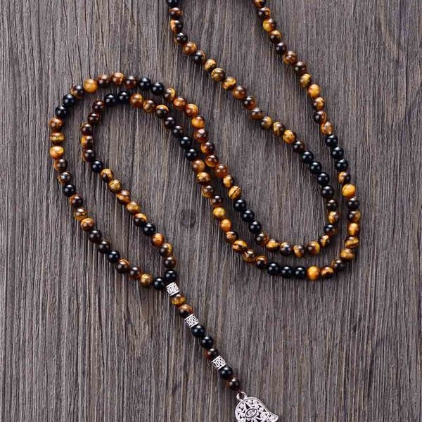 

men's 6mm tiger eye onyx with antique beads hamsa fatima hand pendant mens rosary necklace jewelry dropshipping 200929, Silver