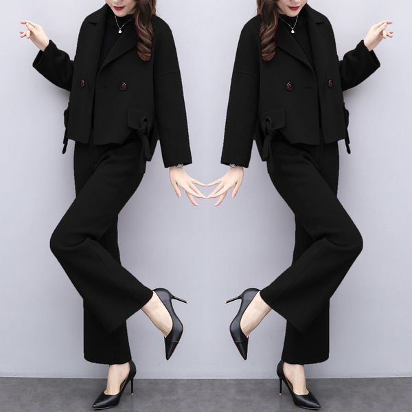 

new 2021 two pieces of wool women's clothing short coat and loose pants elegant suit red brick black sets y490 8m4i 42ey, Gray