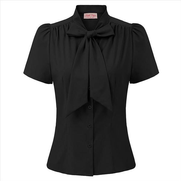 

bp womens shirt summer stylish solid color short sleeve lapel vintage ruched bow knot decorated shirt ladies blouse, White