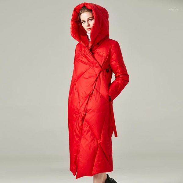 

fashion hooded irregular thick warm down jackets parkas female over the knee super longer thick warm 90% duck down coat f6701, Black