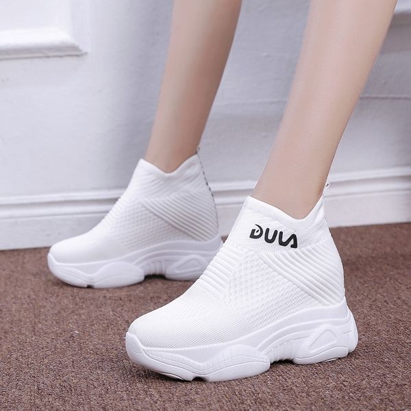 

rimocy breathable knitted chunky sneakers women new spring solid wedge sock shoes woman thick bottom high shoes female y200109, Black