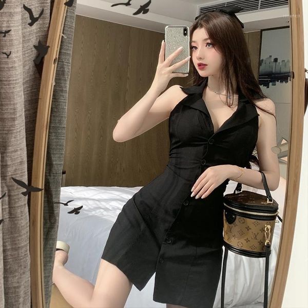 

vintage backless a-line dress korean v-neck short-sleeved dress women's 2020 summer solid color slim thin dresses vestidos1, Black;gray