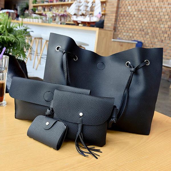 

women handbags purse shoulder bags casual tassel tote 4pcs bags(black