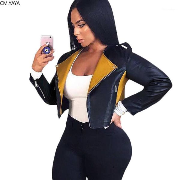 

2020 new winter pu leather coats patchwork color turn-down collar full sleeve zipper jackets coat night club coat gl0031, Black