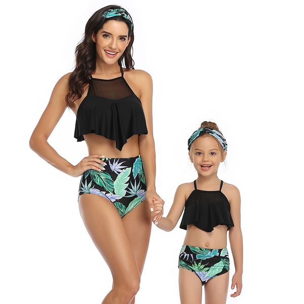 

2021 new wholesale parent-child swimwear one-shoulder vest to cover belly slimming bikini vest style high waist mesh children swimwear