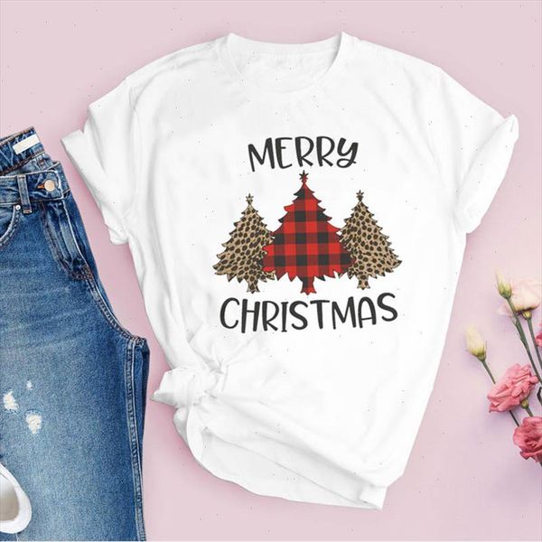 

tees for women print 90s leopard plaid tree new year merry christmas ladies clothes lady clothing female t shirt t shirt, White