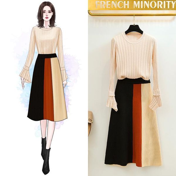 

winter sweet flare sleeve sweater dress a-line knee-length skirt two piece knitting suits female winter casual sets vestidos1, White