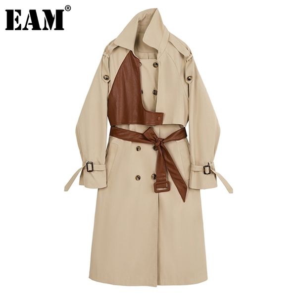 

[eam] women khaki pu leather big size long trench new lapel long sleeve loose fit windbreaker fashion spring autumn 1dc222 201110, Tan;black