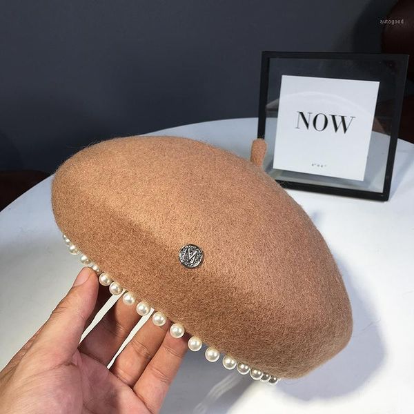 

berets woolen pearl beret female autumn and winter quality painter hat elegant warm pumpkin sboy cap 2021 arrival boina cap1, Blue;gray