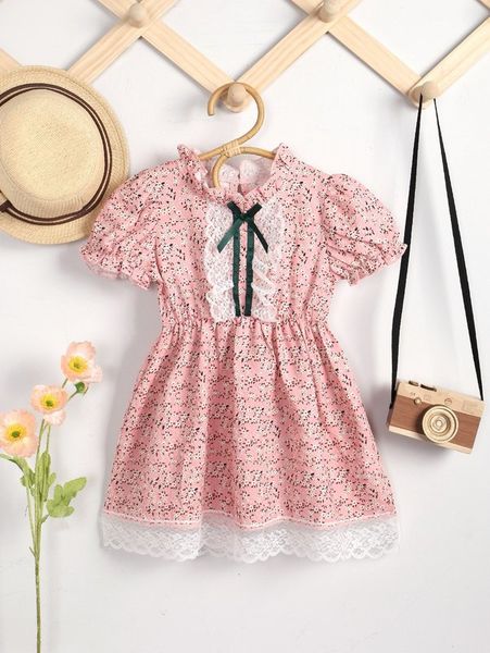 

toddler girls ditsy floral lace trim bow front puff sleeve dress she, Red;yellow