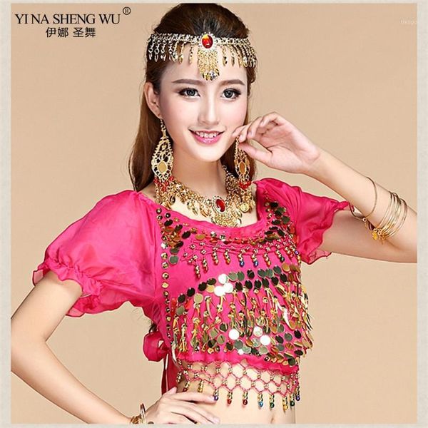 

belly india dance costume chiffon lantern short sleeves sequins performance clothing female belly dancing wear1, Black;red