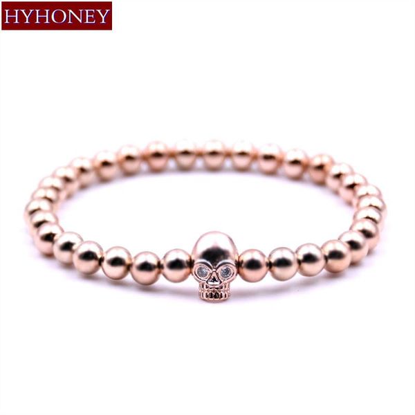 

charm bracelets hyhoney micro pave zirconia cz skull brass metal 6mm beads men jewelry strand stretch bracelet pulseras, Golden;silver