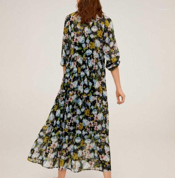 

women summer dress 2020 new fashion vintage floral prints vestidos wrinst sleeve holiday beach style modern lady chiffon dresses1, Black;gray