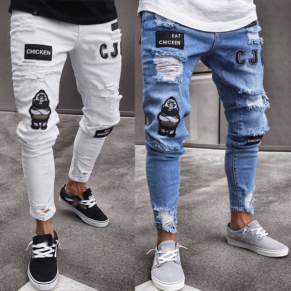 

mens bae european and american men's trend knee zipper feet holes denim trousers ripped jeans for men clothing, Blue