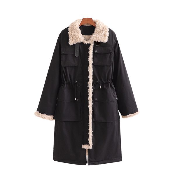 

2021 new streetwear women black long parker winter fashion ladies pocket overcoat causal female chic button thick outercoat dwf3