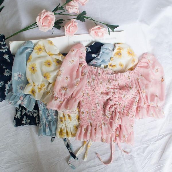 

sweet summer floral short sleeve holiday beach blouse women square collar high waist ruffles hem chiffon blouse shirt 20201, White
