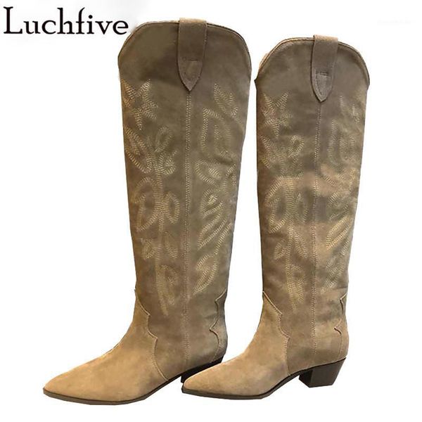 

boots embroidery nude suede women square heels femme pointy toe shoes woman runway slip on knee high1, Black