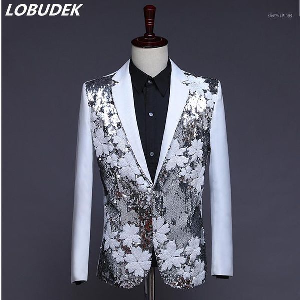

latest men formal suit jacket black white flowers sequins jacket slim blazers evening party host singer dancer performance wears1, White;black