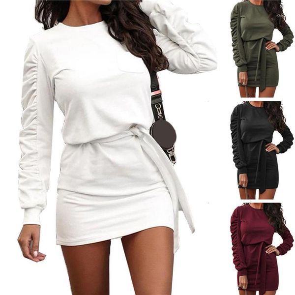 

autumn long sleeve casual pleated dress 2021 winter solid women round neck sashes dress female bandage mini1, Black;gray