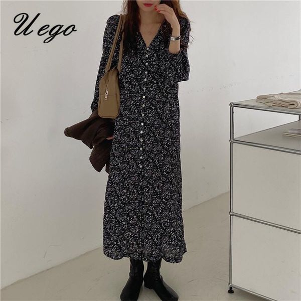 

casual dresses uego v-neck print floral chiffon vintage dress korea design open button blouse long sleeve women autumn spring midi, Black;gray