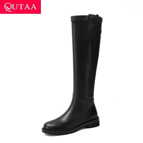 

qutaa 2021 knee high boots round toe buckle zipper long boots autumn winter cow leather pu square heel women shoes size 34-411, Black