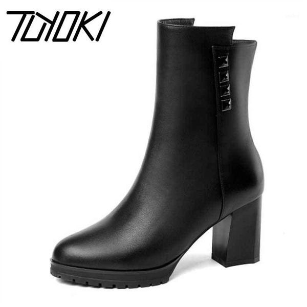

tuyoki women thigh high heels short boots real leather winter shoes women round toe zipper rivets shoes size 34-401, Black