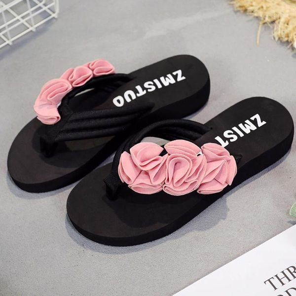 

summer fashion women's flower flip slippers outdoor clip toe non-slip wedges beach slipper flip flops shoes for lady tong femme1, Black