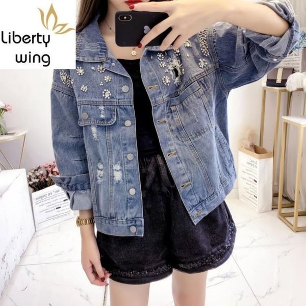 

fashion beading denim coat women autumn vintage loose frayed college style single breasted diamond blue cowgirl jacket1, Black;brown