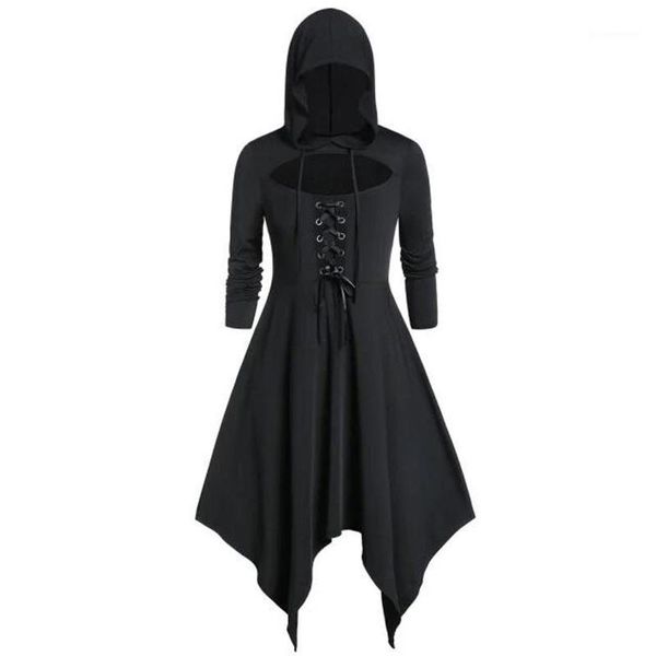 

womens dress ladies fashion gothic hooded long sleeve strappy vintage cloak high low dress with plain lace-up cape vestidod23#1, Black;gray