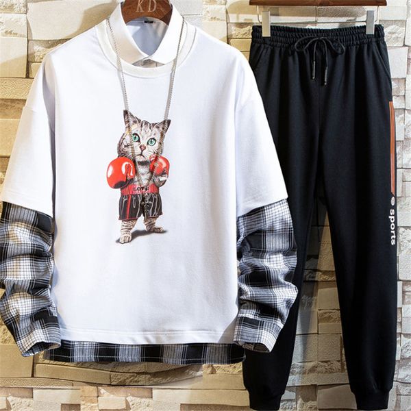 

2020 spring and autumn youth shirt t-shirt stitching fake two-piece check casual style sports pants two-piece boxing cat printing size -3xl, Gray