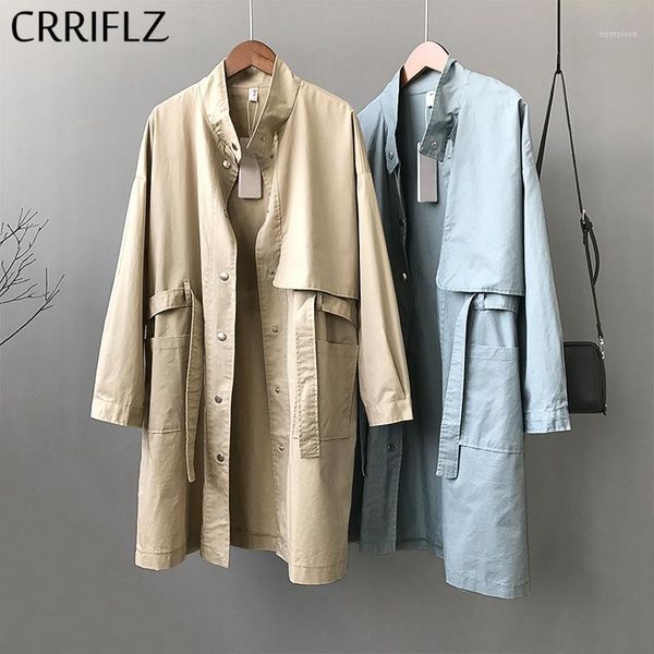 

spring solid stand collar trench coat women casual sashes trench outwear 2020 new crriflz1, Tan;black