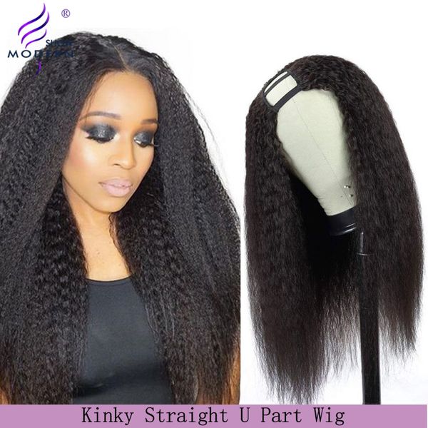 

modern show peruvian kinky straight u part wigs 150% remy natural color can be bleached u part straight wig for black women, Black;brown