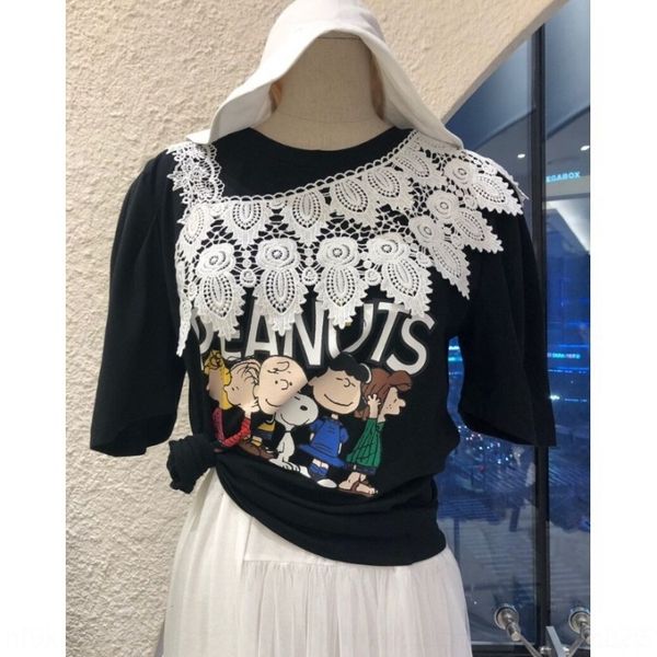

bm5wo summer korea east gate 2020 south new products age casual t-shir lacet-shirt lace lace splicing cartoon printing reduction versatile f, White