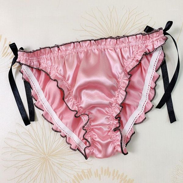 

women's briefs low rise breathable lacing underwear ruffles lace-up underpants ladies female silk solid panties1, Black;pink
