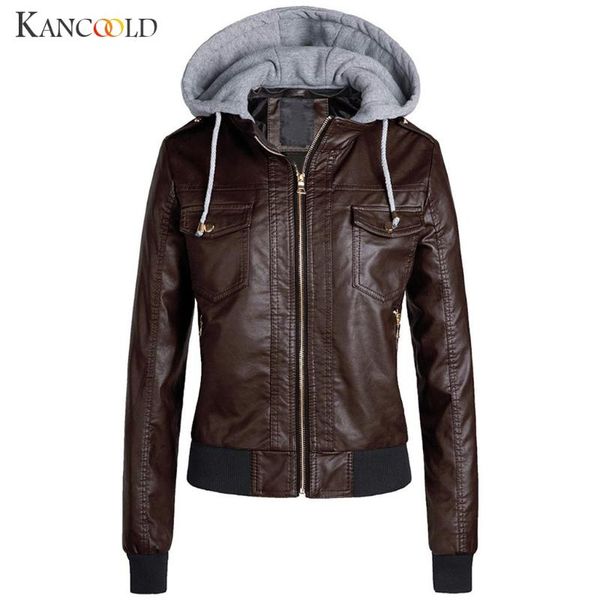 

kancoold coats women slim leather jacket removable zipper short outwear caps hooded warm new woman coats and jackets 2020jul10, Black;brown