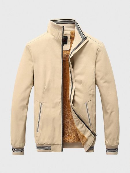 

men striped hem plush lined jacket k7db#, Black;brown