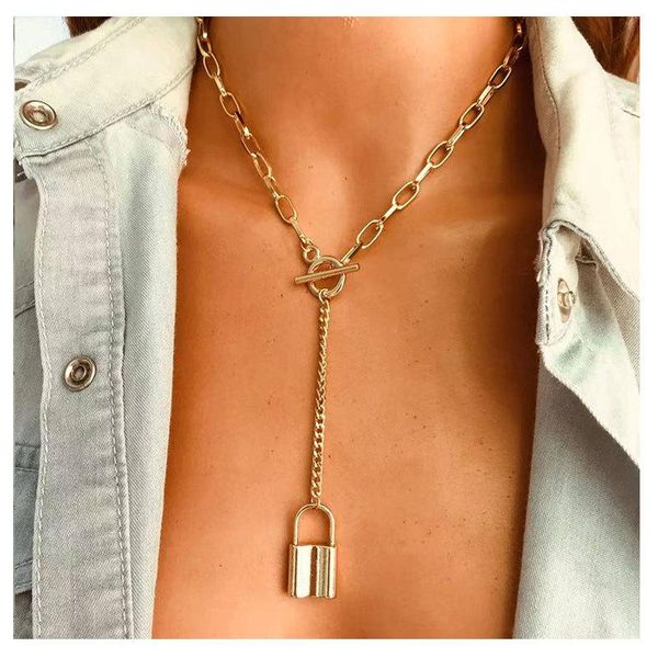 

chokers gold lock pendant necklace for women single layer thick chain statement vintage collar party jewelry gifts, Golden;silver