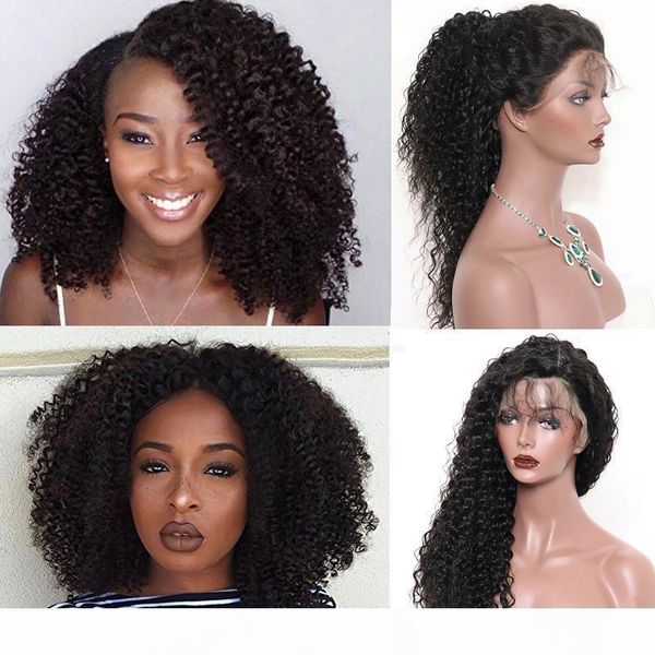 

natural afro kinky curly 100% human hair lace front wigs for women with lace full wig 150% density pre plucked brazilian virgin hair, Black;brown