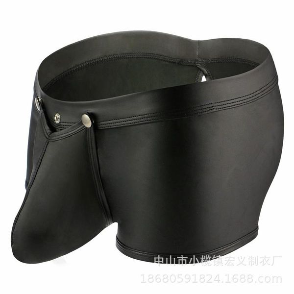 

men's patent leather boxer underwear with four corner imitation leather low waist opening u convex design, Black;white