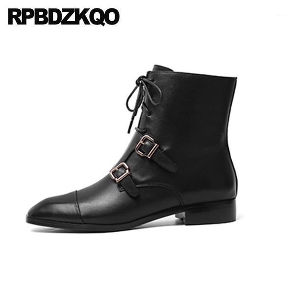 

boots front lace up casual ankle autumn heel women winter square toe black chunky block 2021 shoes genuine leather1