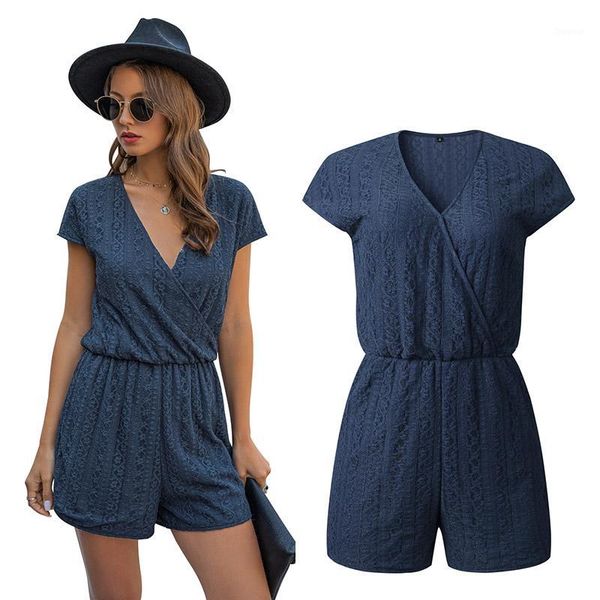 

v-neck lace jumpsuit for lady office costume summer women short overalls blue black play suit solid female streetwear1, Black;white