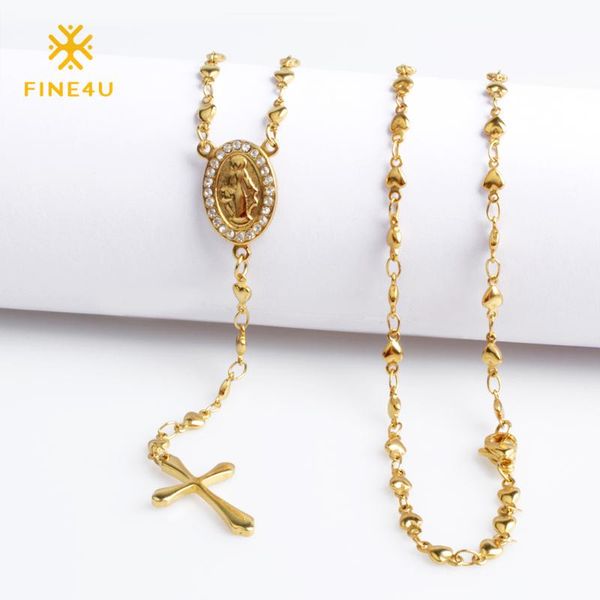 

pendant necklaces 2021 fine4u n053 cross necklace for women 316l stainless steel long rosary beads religious jewelry, Silver