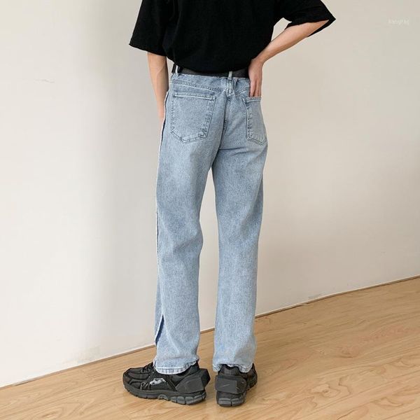 

new male japan korea streetwear hip hop jeans trousers men vintage washed side stripe loose casual wide leg straight denim pants1, Blue