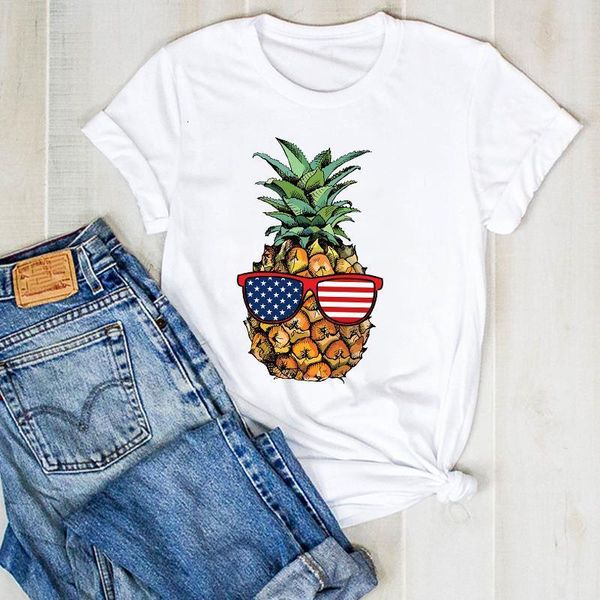 

women lady pineapple usa flag cartoon fruit beach ladies summer t tee tshirt womens female shirt clothes graphic t-shirt, White