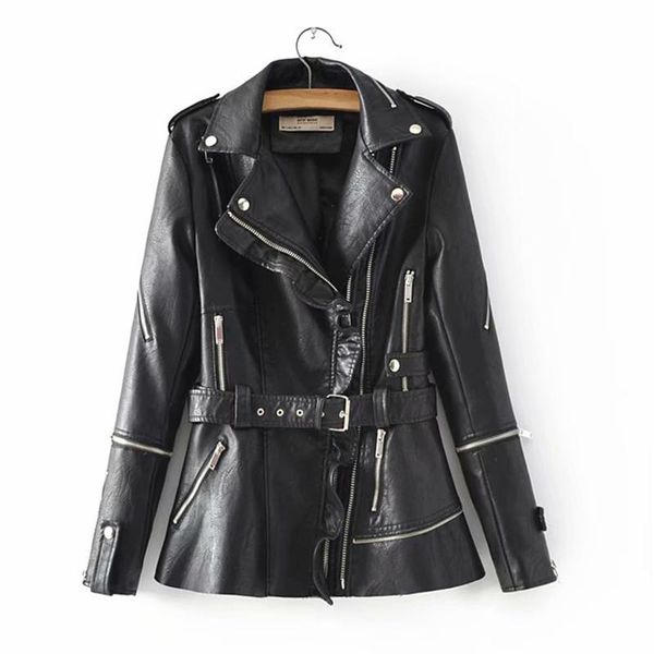 

leather jacket female 2020 autumn winter fashion new zipper belt belt slim long sleeve leather jacket tide h00902, Black