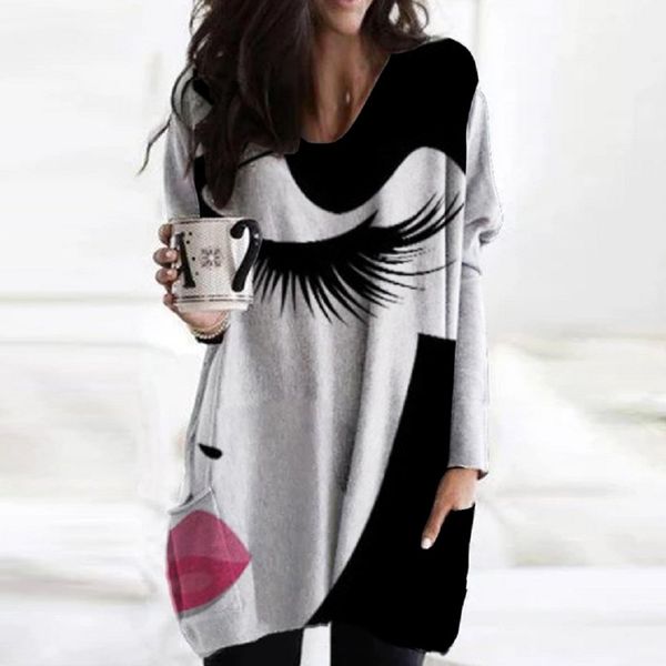 

women elegant abstract face printed shirt women long sleeve pullover ladies v-neck loose t shirt ladies female streetwear 201125, White