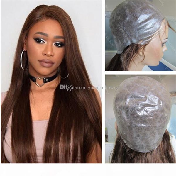 

fashion full thin skin wig color 4 silk straight medium brown brazilian human hair pu wig for black women ing, Black;brown