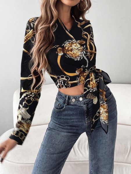 

chain print knot hem crop blouse b8rh#, White