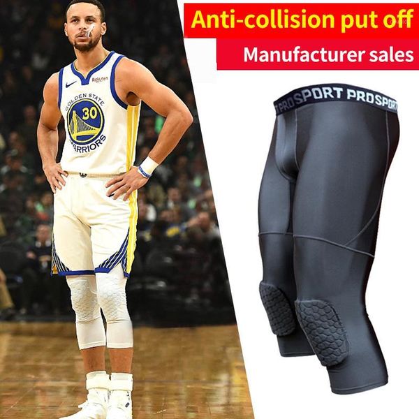 Calças correndo de basquete masculino calças justas com joelheiras para homens 3/4 leggings de compressão cinto treinamento1