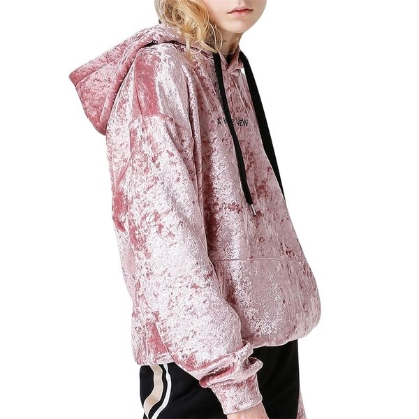 

toyouth pink velvet hoodies autumn embroidery letter sweatshirts women long sleeve hooded tracksuits jumper pullover female y200608, Black